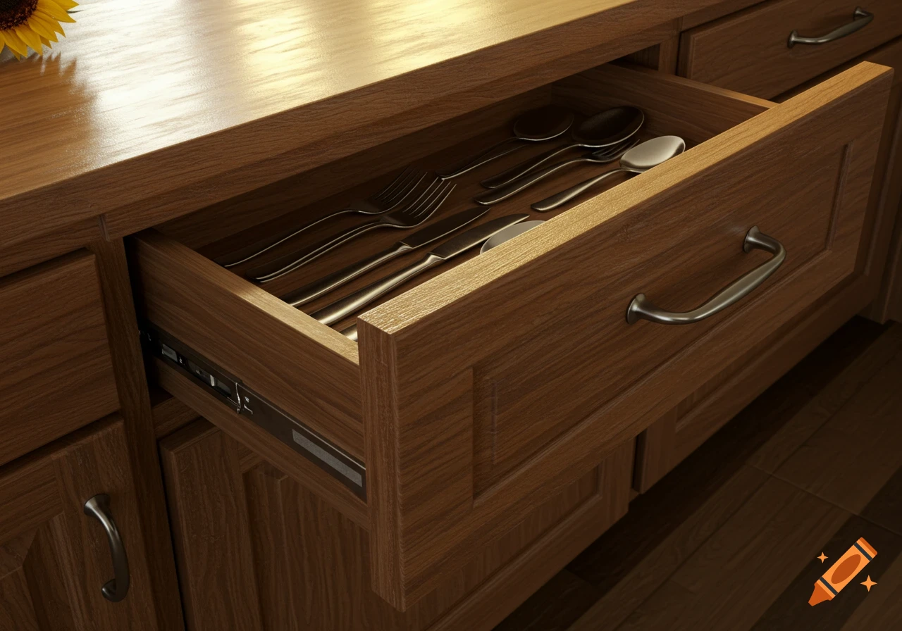 Photorealistic image of an open wooden kitchen drawer filled with forks, spoons, and knives.