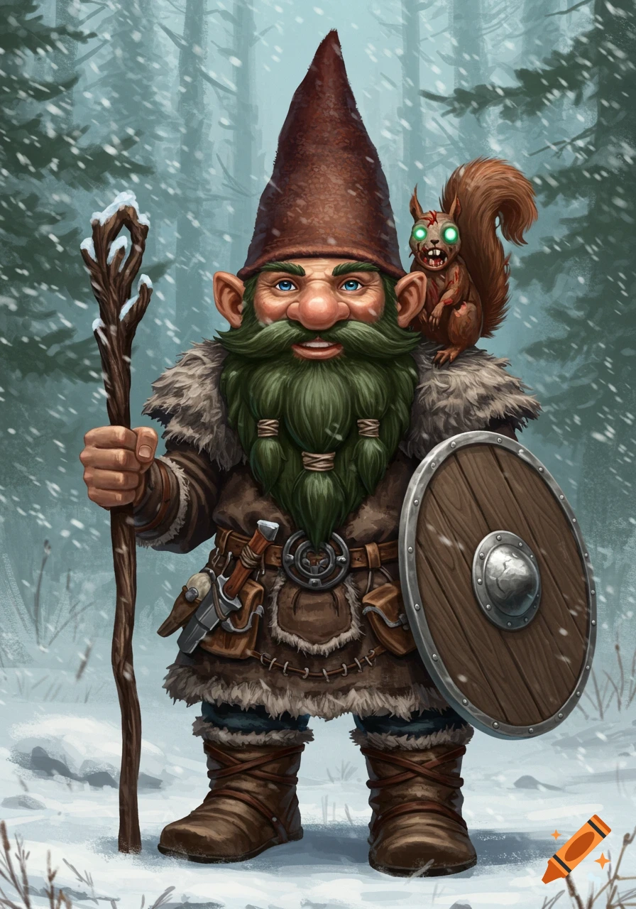 A cartoonish D&D forest gnome with a green beard stands in a snowy forest, holding a staff and shield, with a zombie squirrel on his shoulder.