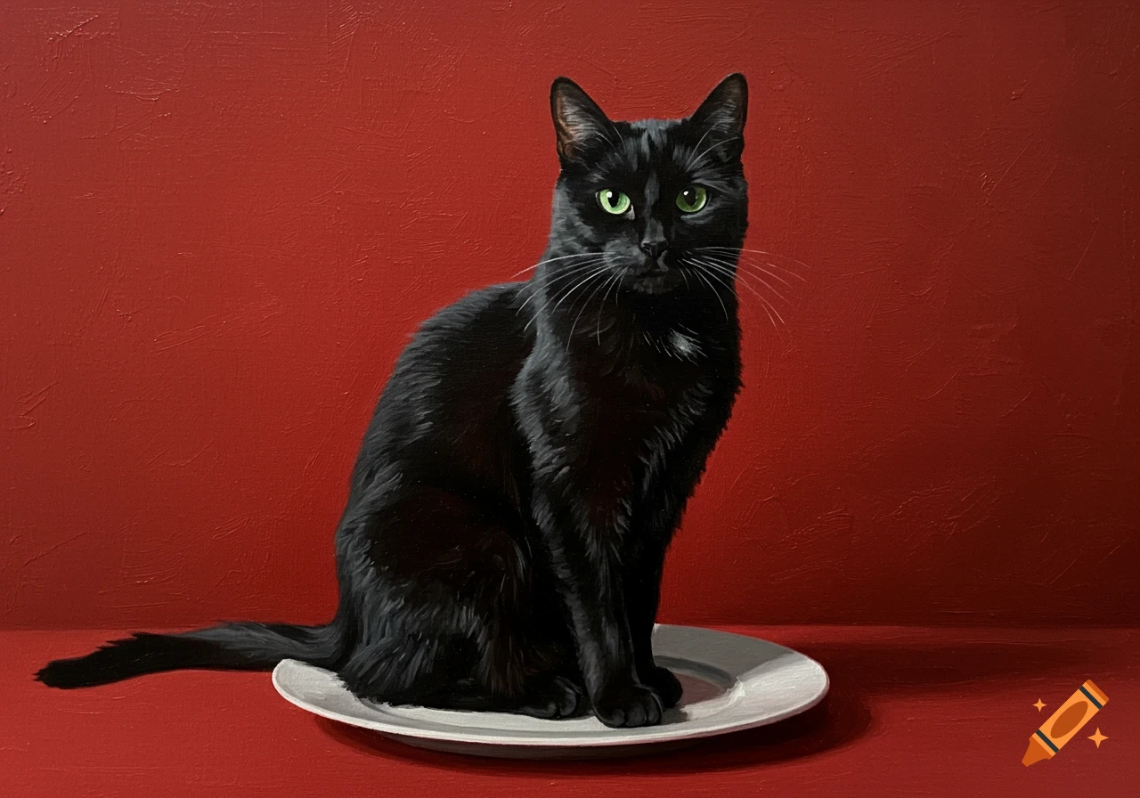 An oil painting of a black cat with green eyes sitting on a white dinner plate in front of a red wall.