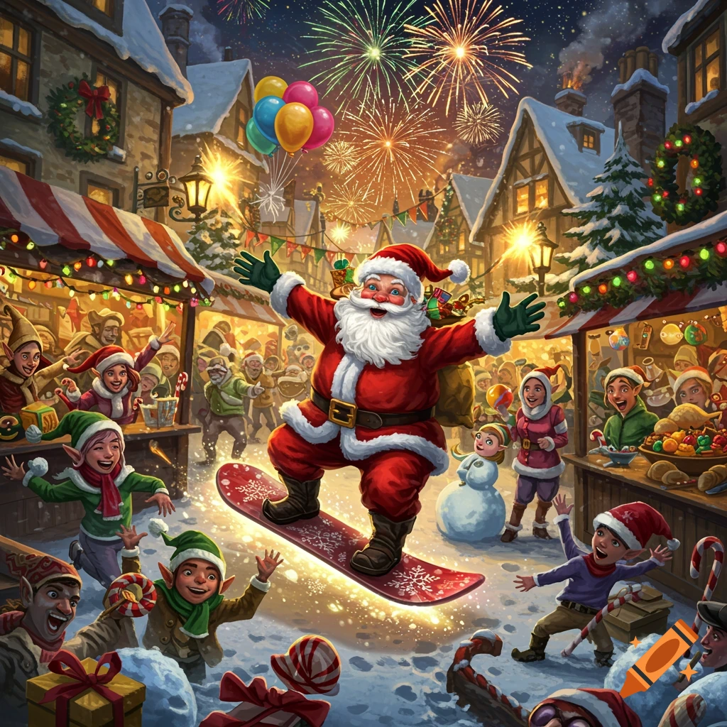Vibrant illustration of Santa Claus snowboarding down a snowy Christmas market at night, surrounded by elves and people, with fireworks.