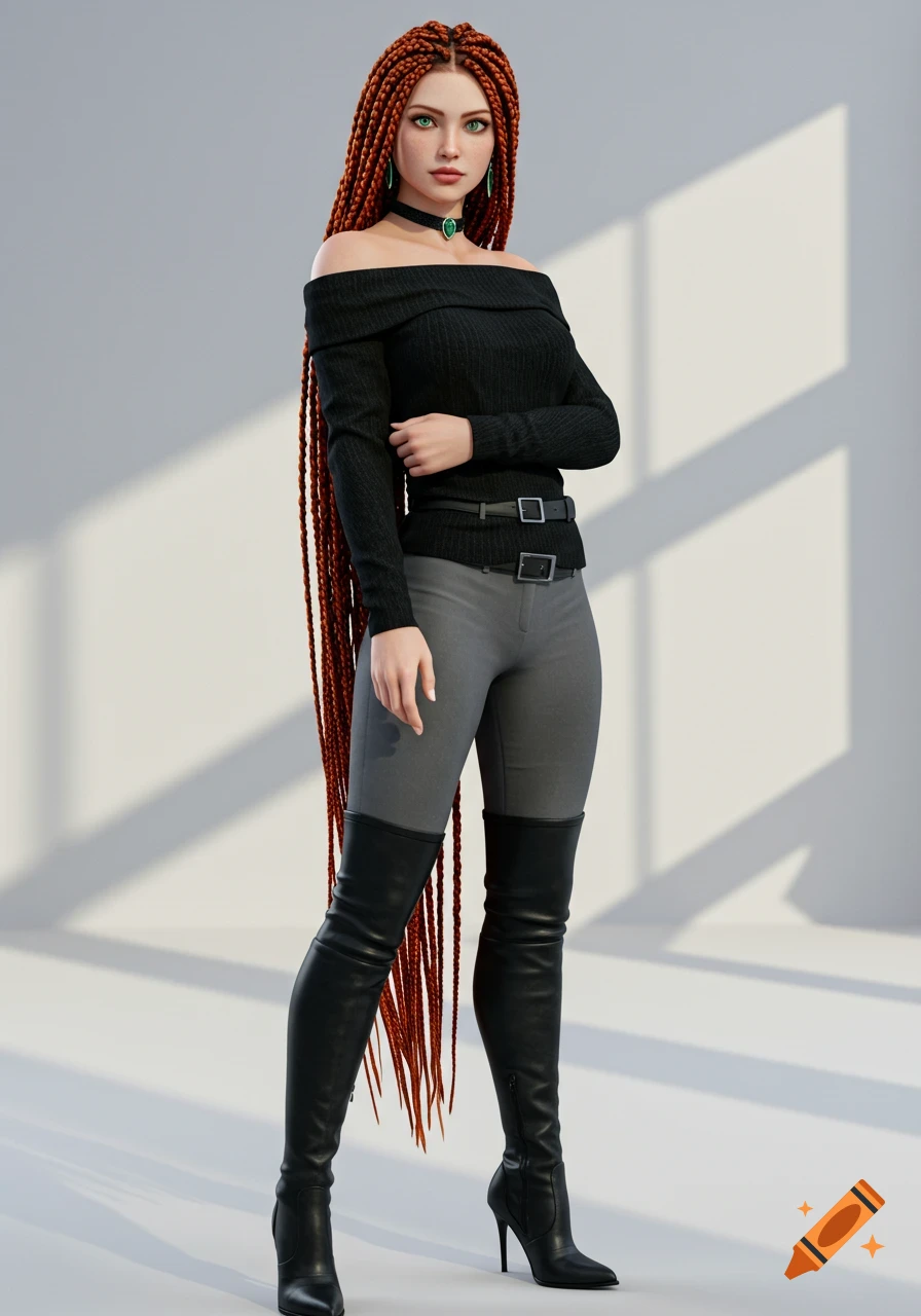 A photorealistic image of a woman with long red braids, wearing a black off-shoulder sweater, grey pants, and black thigh-high boots.