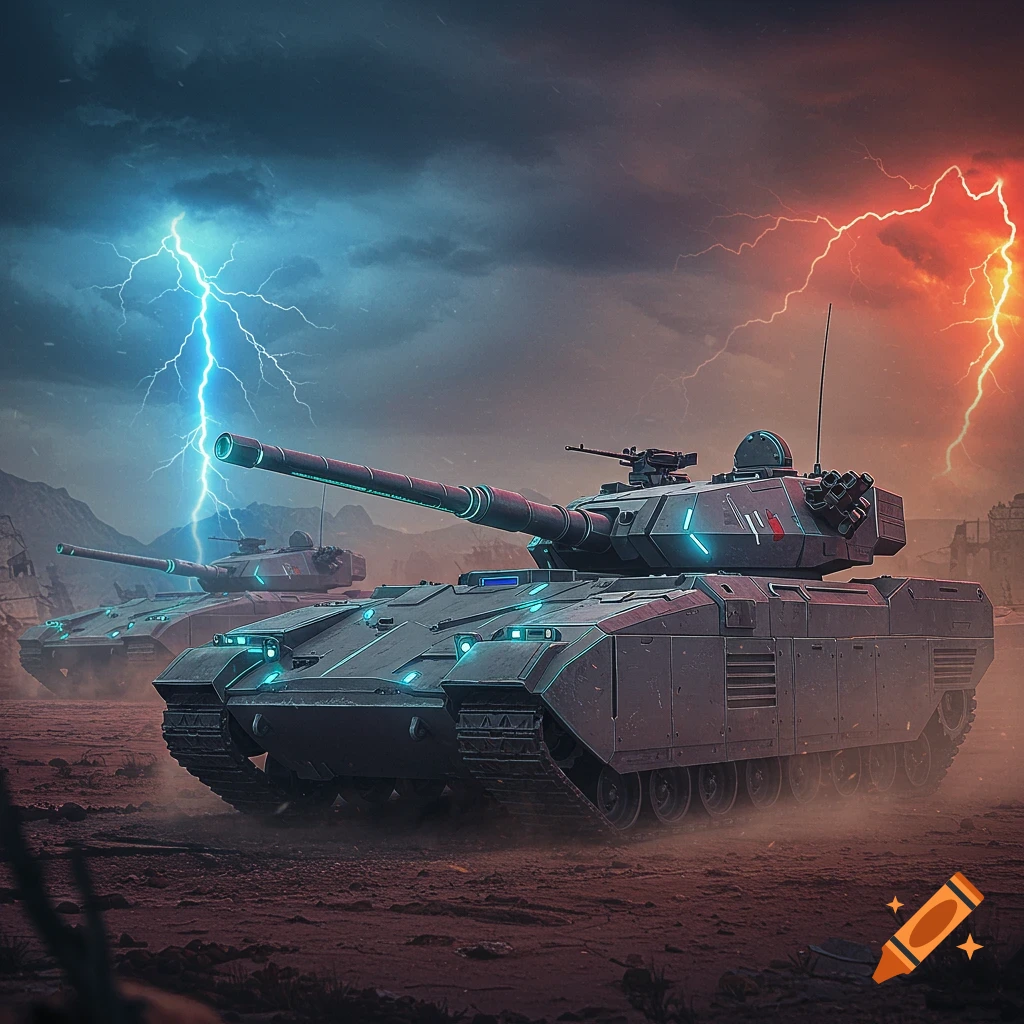 Two futuristic tanks with glowing blue lights on a dusty battlefield under a stormy sky with red and blue lightning.