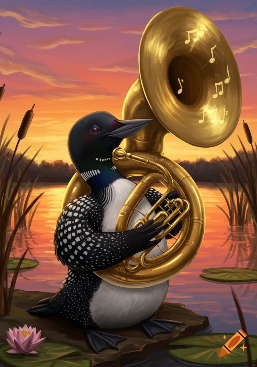 A common loon plays a golden sousaphone on a log in a reedy lake at sunset with musical notes floating from the bell.