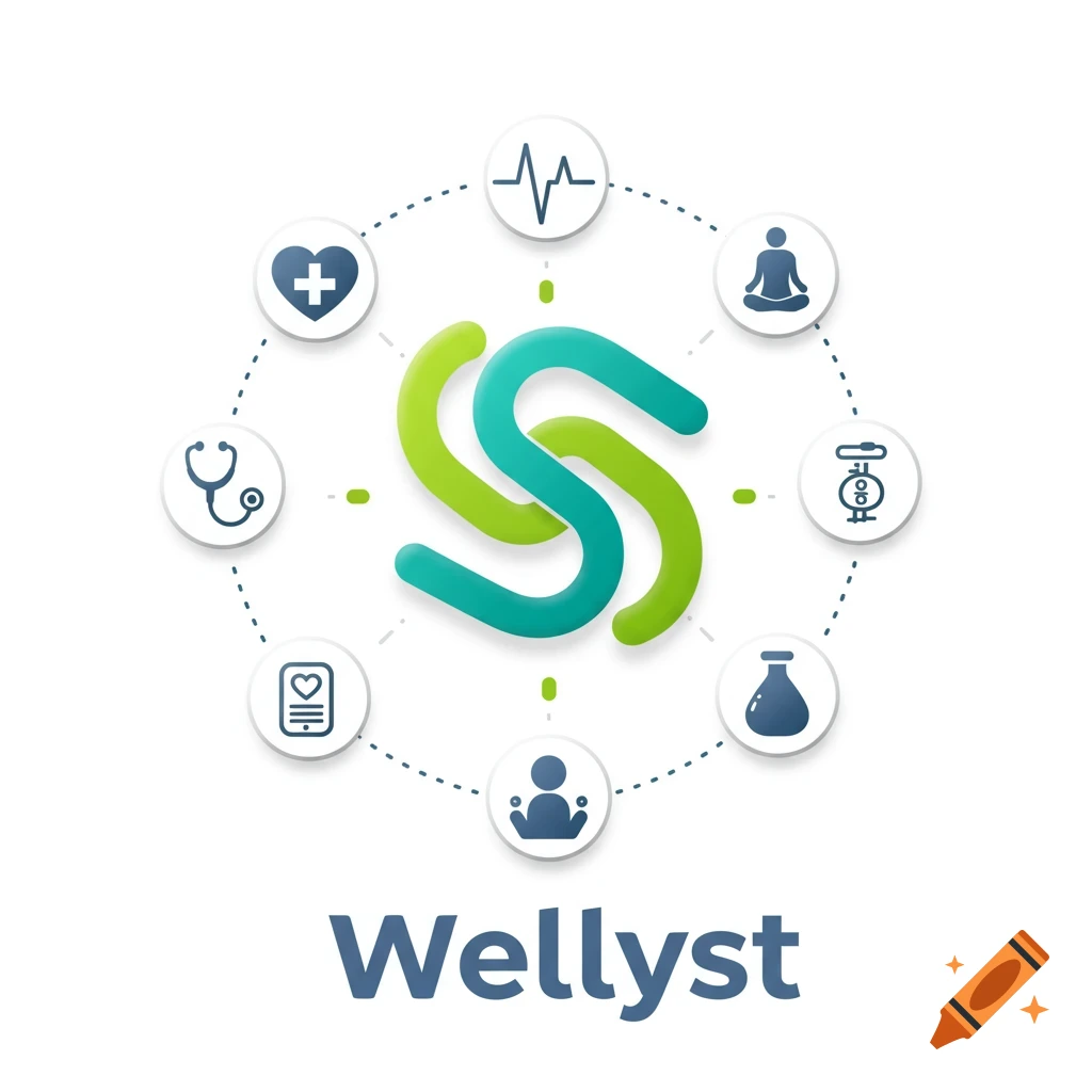 A logo featuring intertwined green and teal S-shapes surrounded by health and wellness icons, with 'Wellyst' text below.