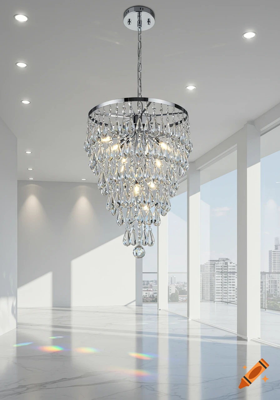 A modern crystal chandelier hangs in a bright, minimalist room with white walls, marble floor, and large windows overlooking a city.