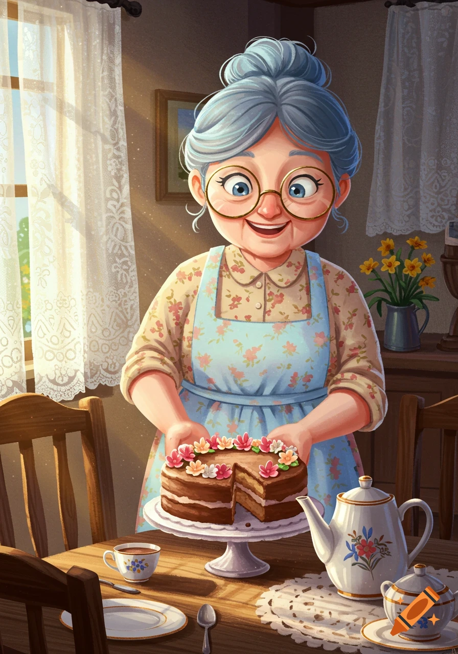 A heartwarming cartoon illustration of a smiling grandma with blue hair and glasses, holding a chocolate cake with a slice cut out, ready to serve on a sunlit table with a teapot and cup.