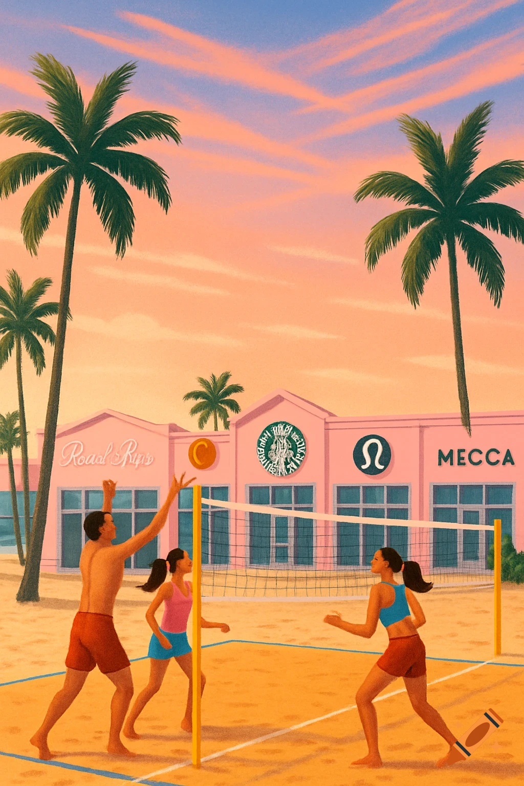 Illustration of people playing beach volleyball at sunset with palm trees and pink shops in the background.