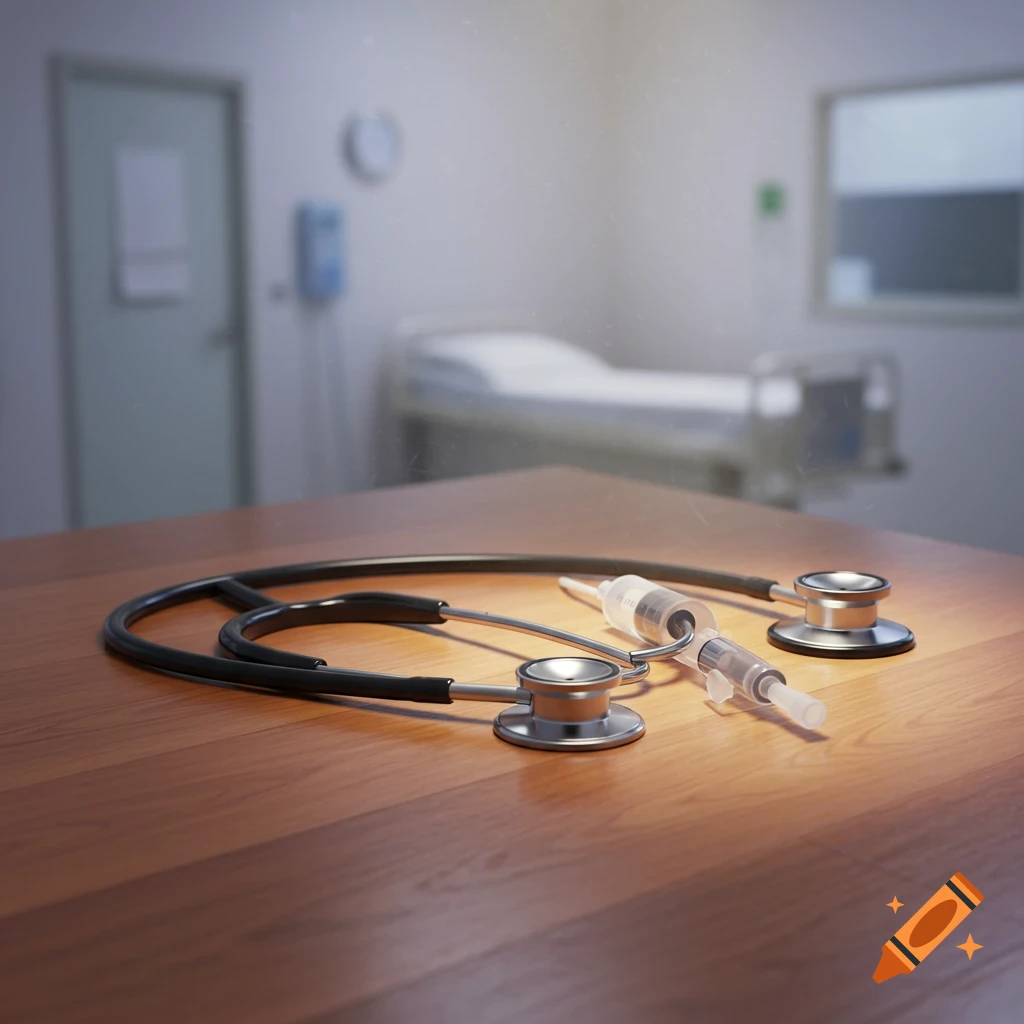 A photorealistic image of a stethoscope and a syringe on a wooden table in a hospital room.