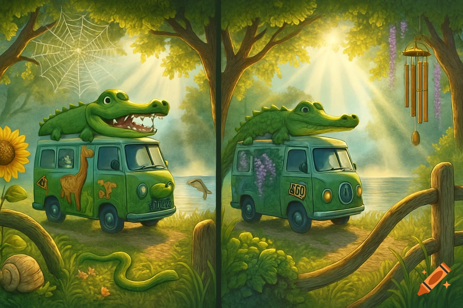A split cartoon image showing two green vans with alligators on top, parked in a forest setting with sunlight rays. The left scene includes a spider web and a snail, while the right features a wind chime and a fence, with subtle differences between the two halves.
