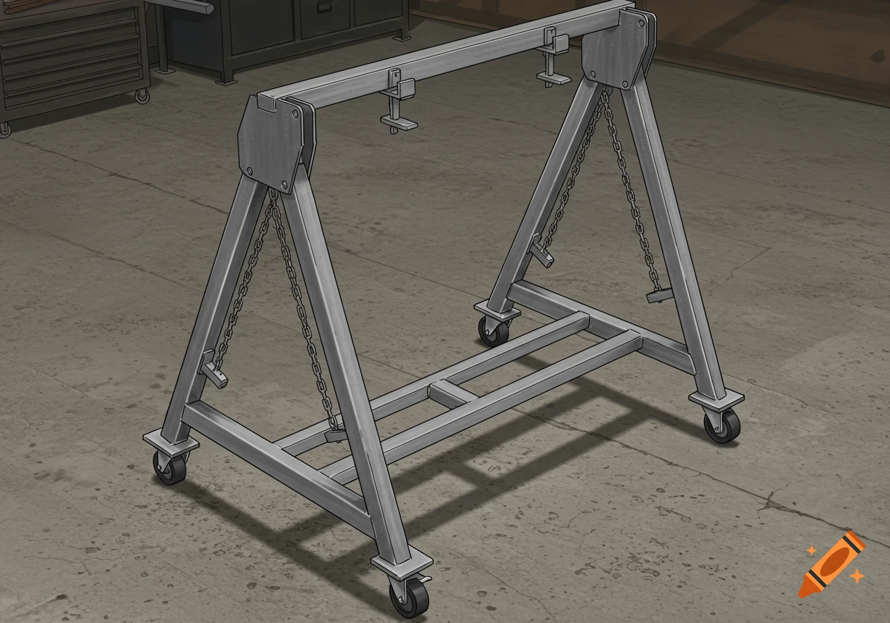 An isometric sketch of a silver galvanized industrial A-frame structure with chains and caster wheels in a workshop.