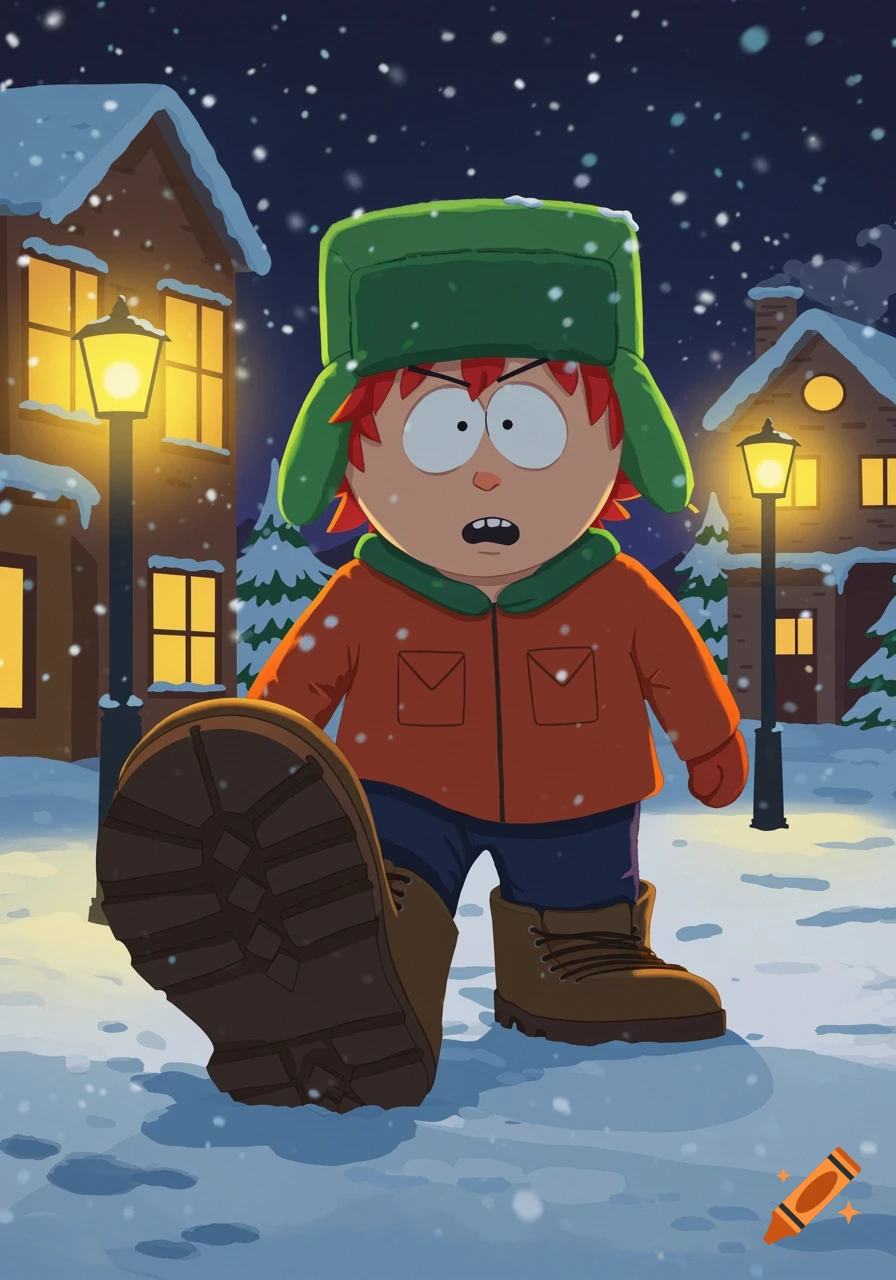 Kyle Broflovski from South Park steps forward on a snowy night, his large boot prominent in the foreground.