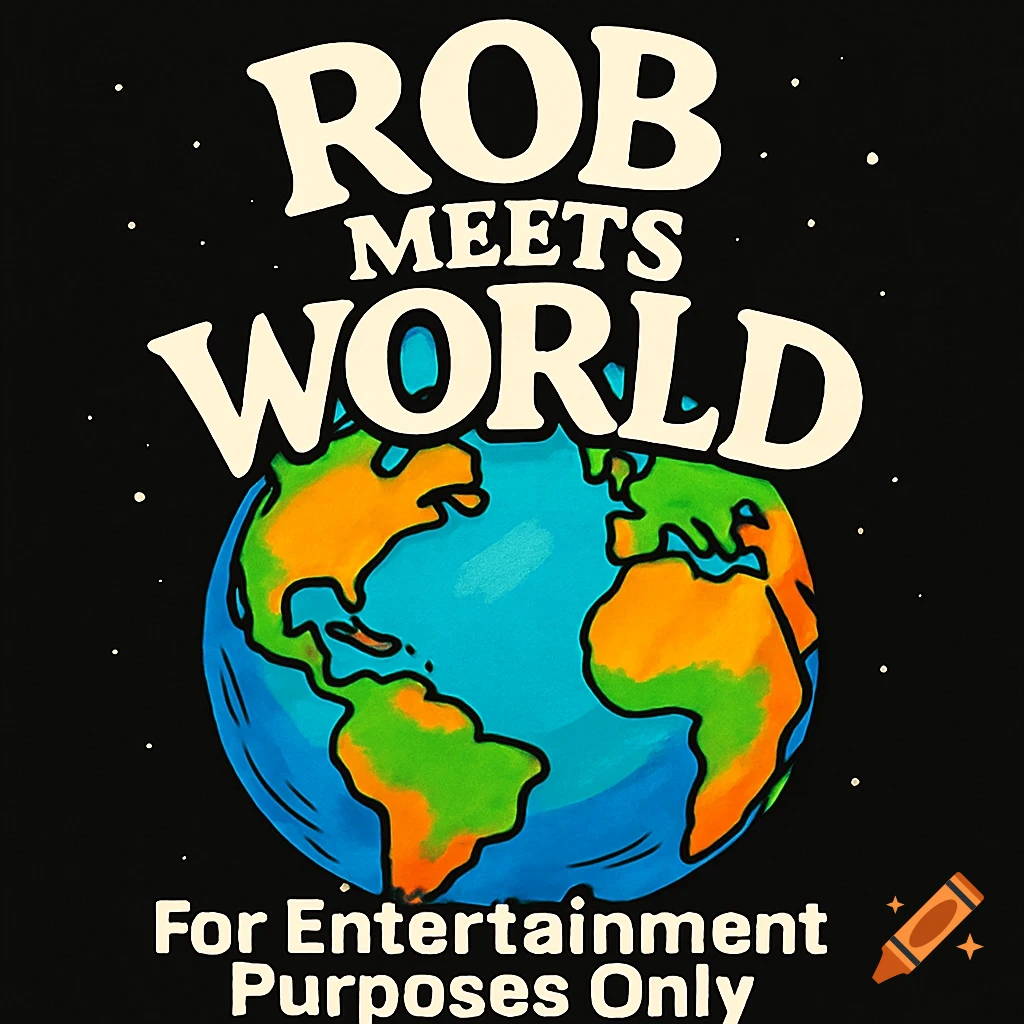 A cartoon globe against a black starry background with continents in orange and green, and oceans in blue. Text above reads "ROB MEETS WORLD" and below, "For Entertainment Purposes Only" in white letters.