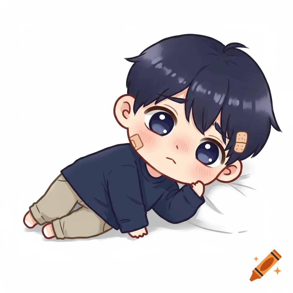 Chibi male character with dark hair, navy shirt, and beige pants, lying down with band-aids on his face, looking sad in anime style.