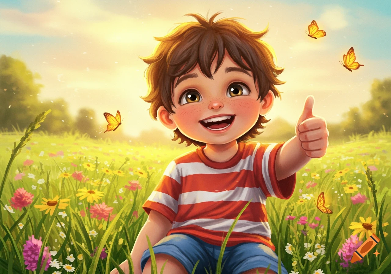 Cartoon illustration of a smiling boy giving a thumbs up in a sunny field with colorful flowers and butterflies.