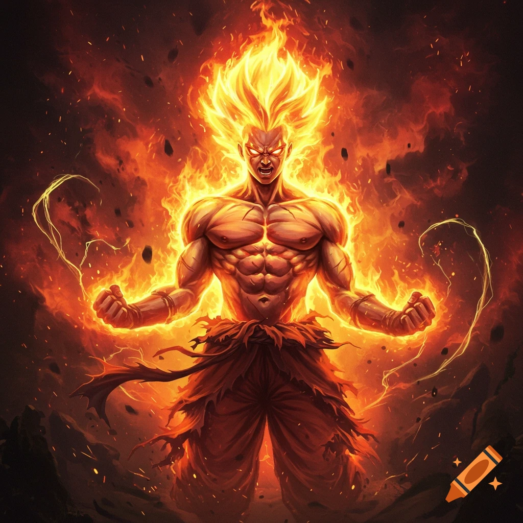 Muscular man with spiky fiery hair engulfed in flames, eyes blazing, against a dark, smoky background.