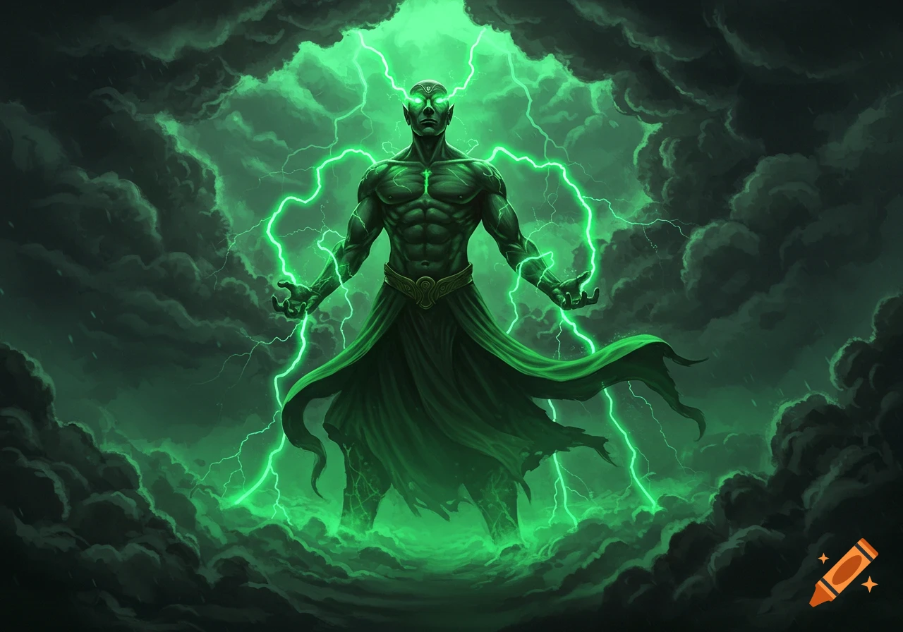 A muscular green deity with glowing eyes stands amidst dark clouds, surrounded by bright green lightning, in a dramatic fantasy style.