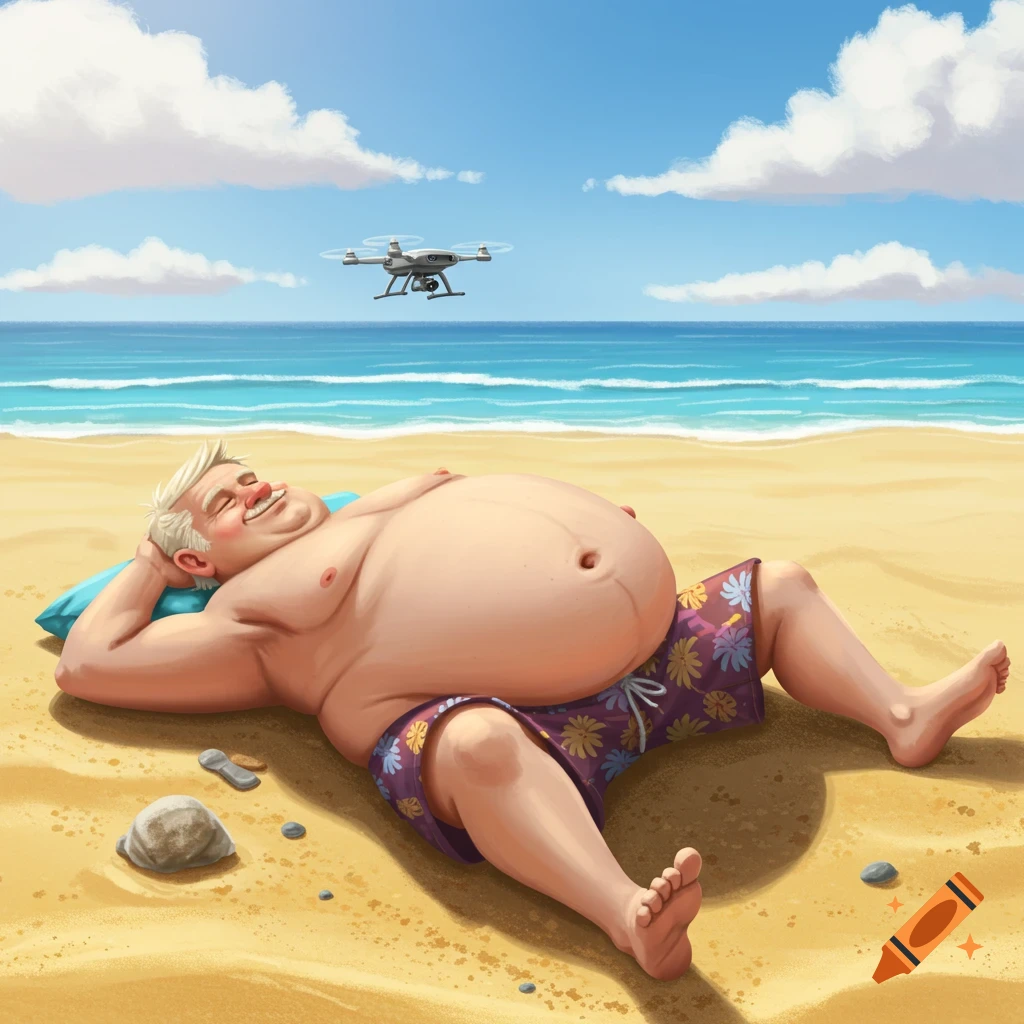 A blond man with a large belly sleeps on his back on a sunny beach, a drone hovers above him.