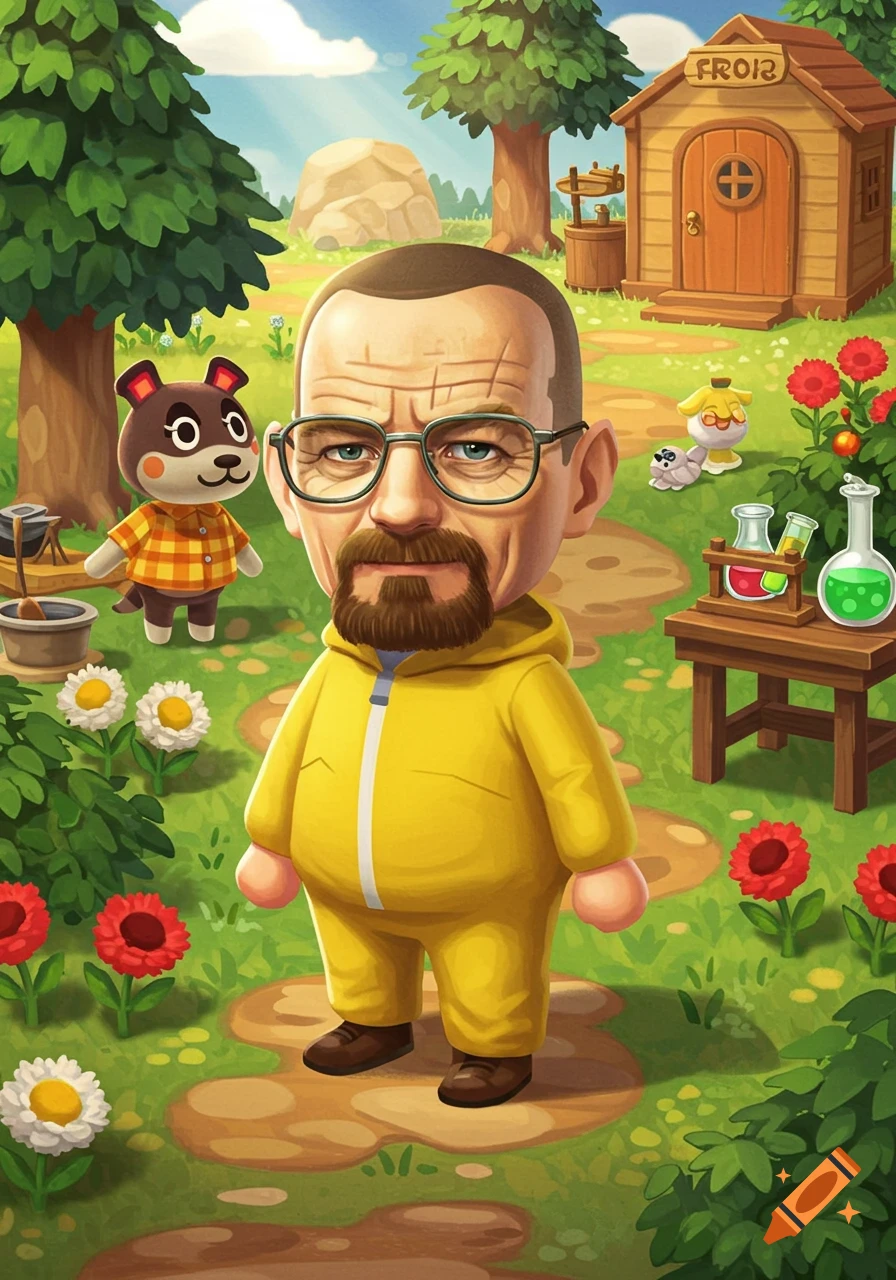 Walter White in a yellow hazmat suit, rendered in the Animal Crossing style, standing in a sunny village scene with other characters.