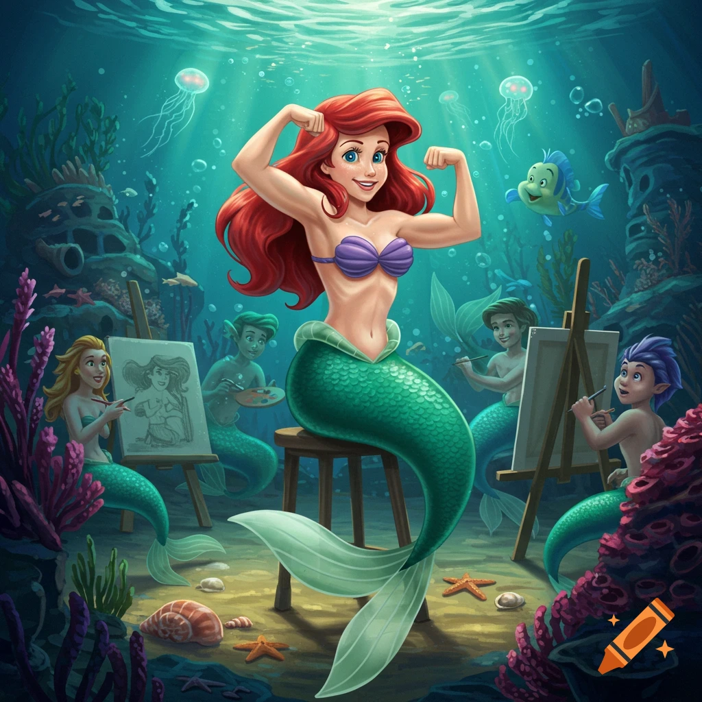 Ariel the Little Mermaid flexes her biceps, posing for an art class with other mermaids and mermen in a vibrant underwater classroom, cartoon style.
