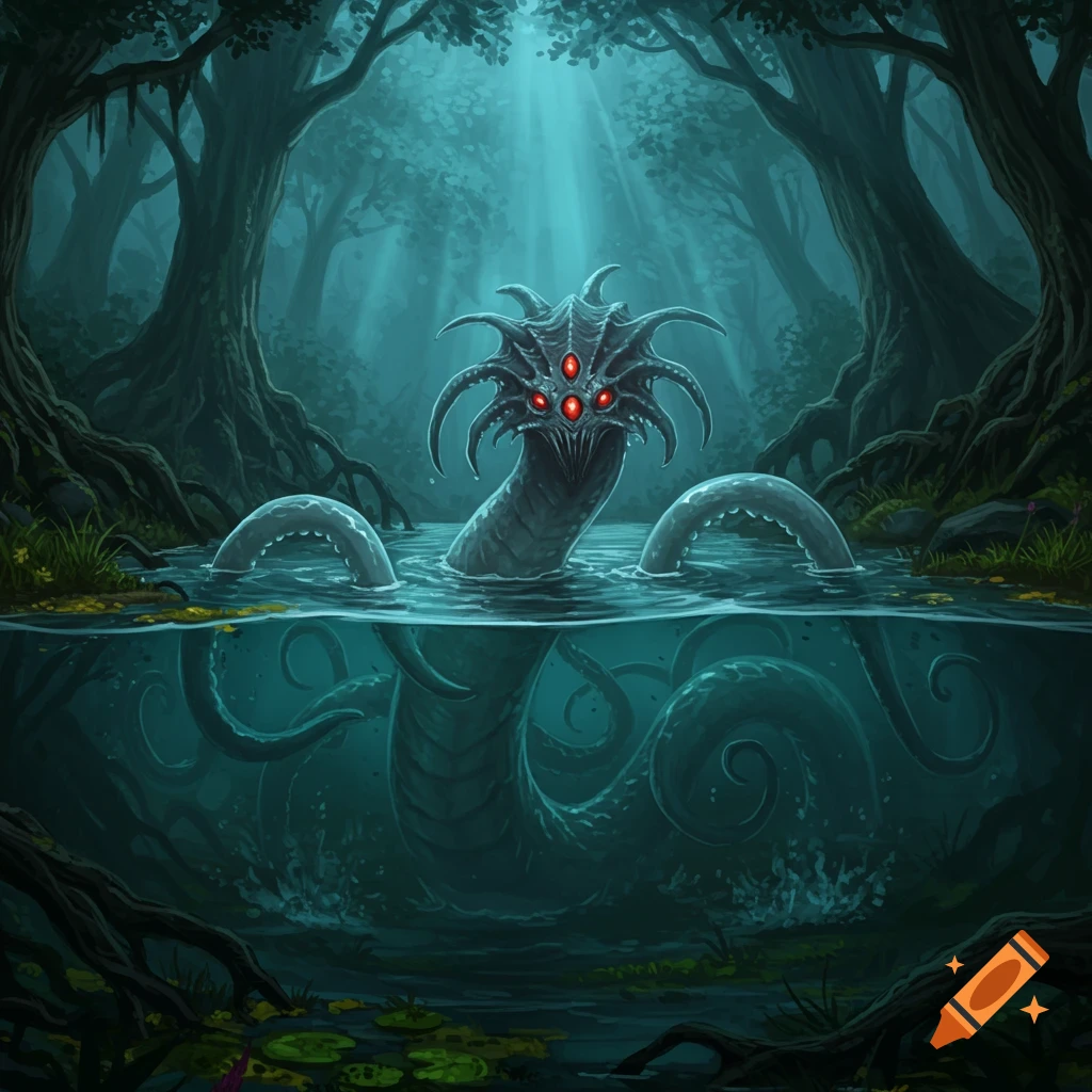 A multi-eyed, tentacled monster emerges from dark water in a swampy forest.