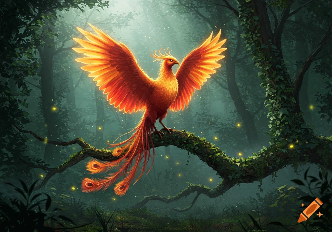 A vibrant, fiery phoenix with outstretched wings perched on a mossy branch in a mystical, glowing forest.