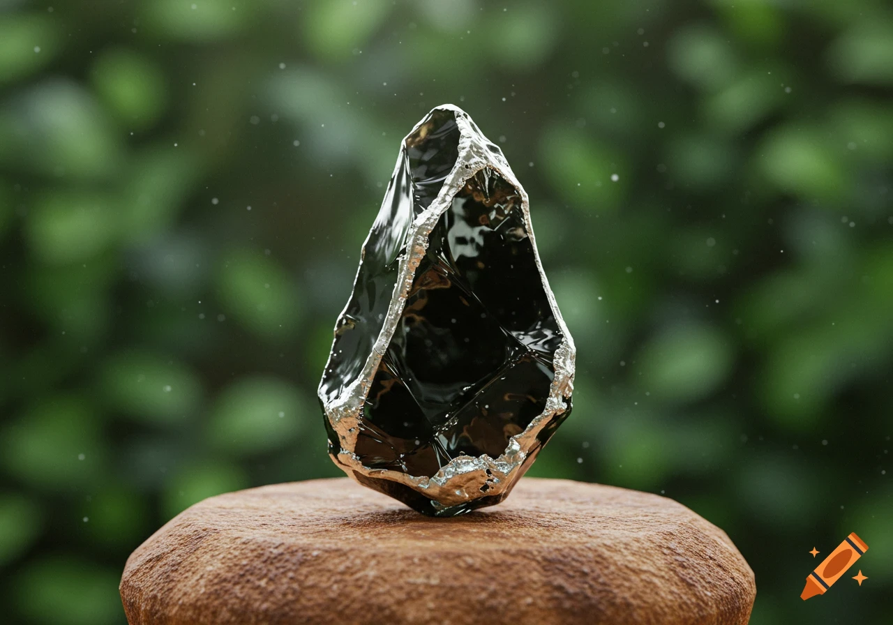 A photorealistic image of a lustrous shard of black stone with silvery edges, resting on a brown, textured surface against a blurred green background.