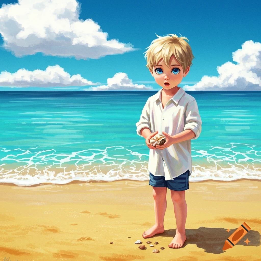 An illustration of a blonde boy with blue eyes standing on a sunny beach, holding a seashell, with the ocean behind him.