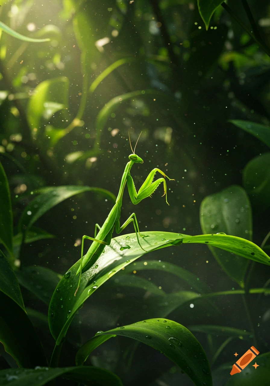A vibrant green praying mantis stands on a dew-covered leaf amidst lush green foliage, bathed in soft sunlight.