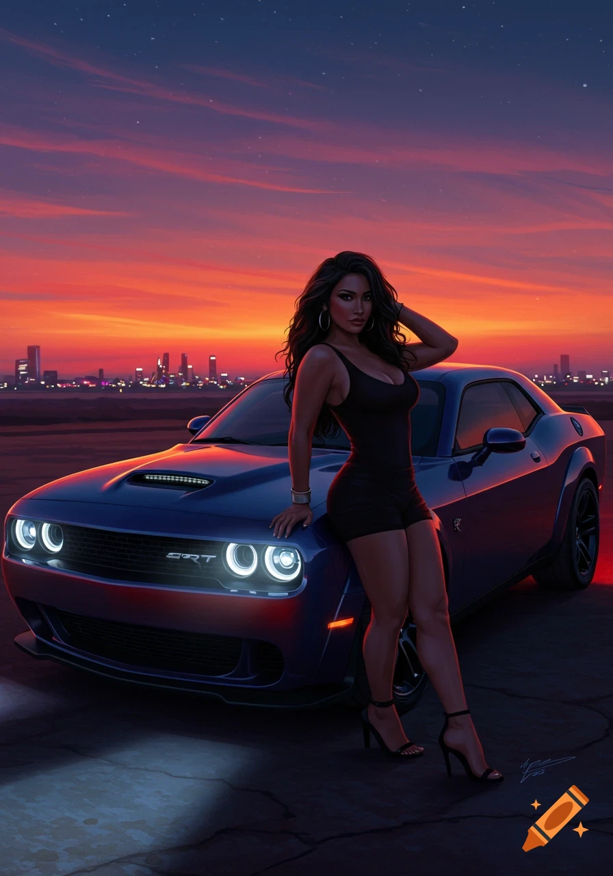 A woman in a black dress leans on a blue Dodge Challenger SRT with a city skyline at sunset. Digital art.