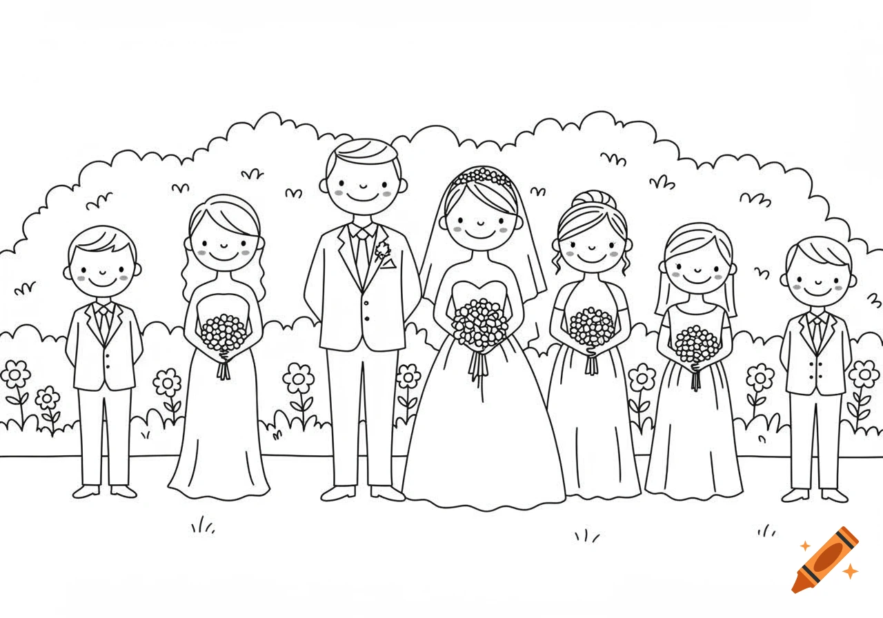 Black and white line art coloring page of a wedding party including a bride, groom, two bridesmaids, and two boys standing in a garden.