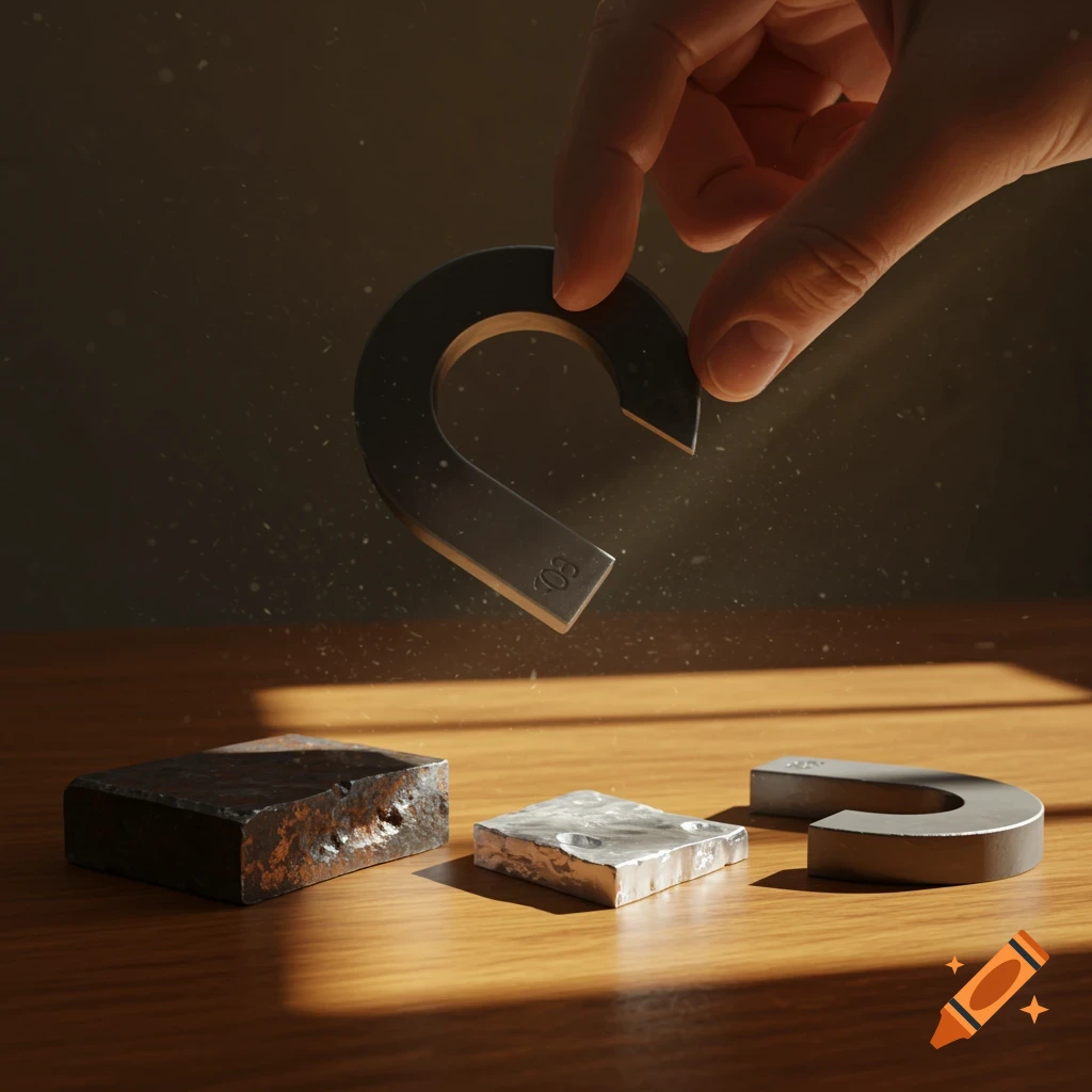 A hand holds a horseshoe magnet over a wooden table with metal blocks and another magnet, illuminated by sunbeams.