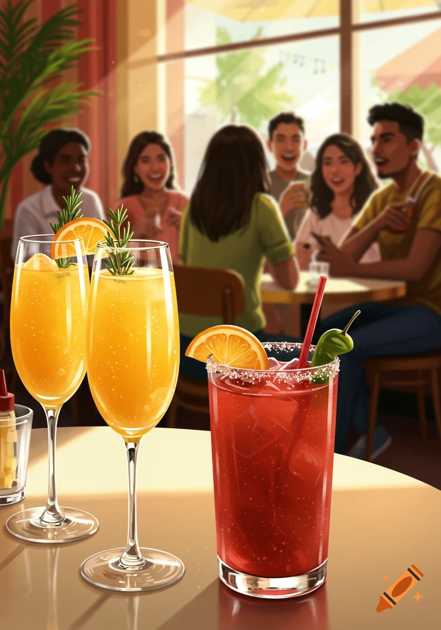 Two mimosas and a Bloody Mary on a table, with blurred patrons in a sunlit restaurant background, digital art style.