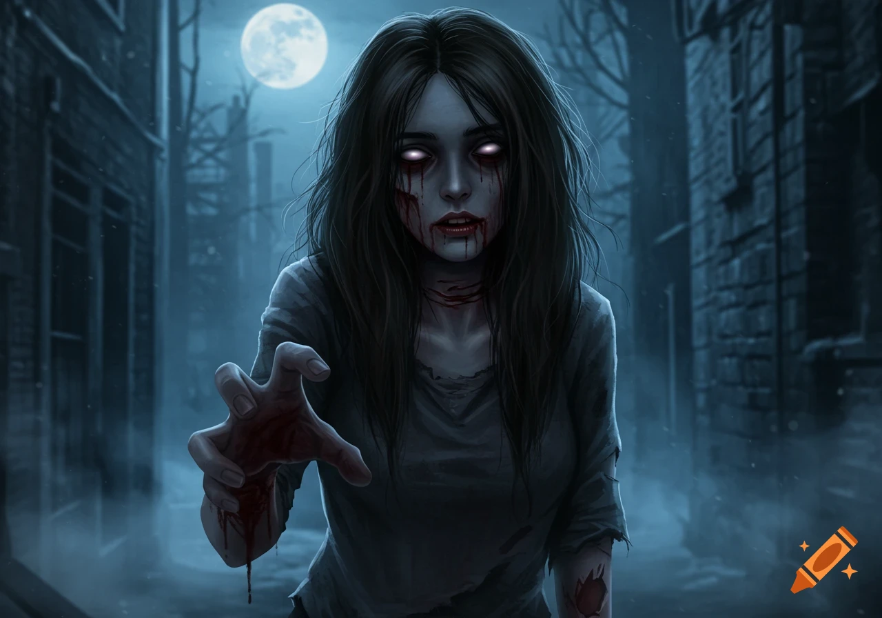 A zombie woman with glowing white eyes and blood on her face reaches out in a dark, moonlit alley.