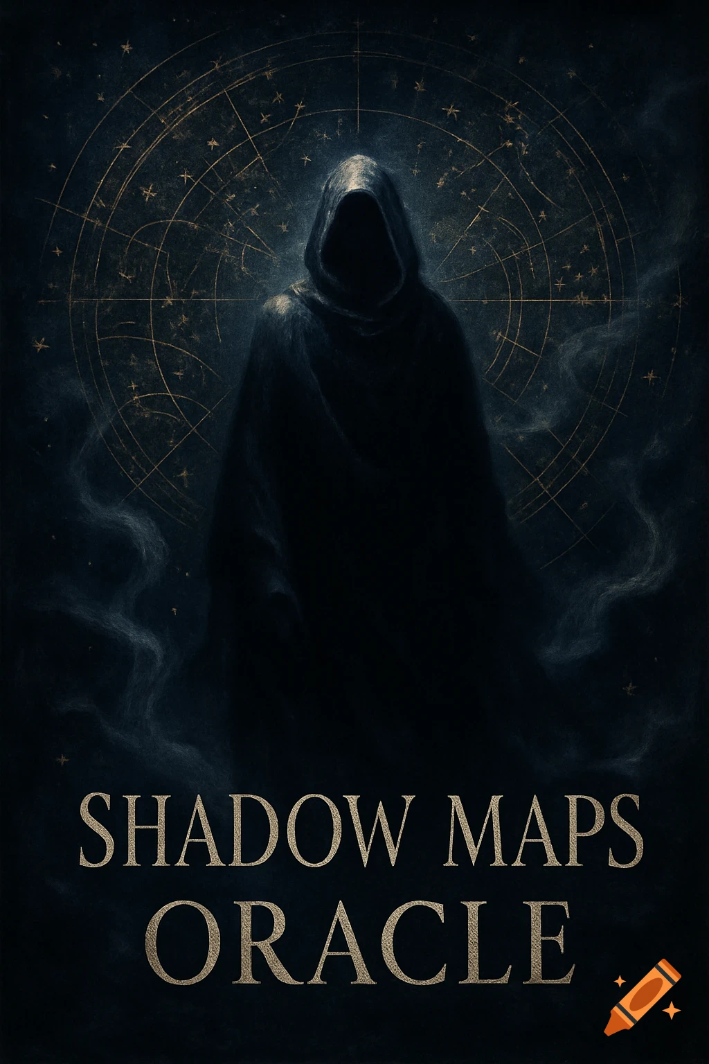 A dark, hooded figure stands before a celestial map with glowing stars, with the title 'Shadow Maps Oracle' below.
