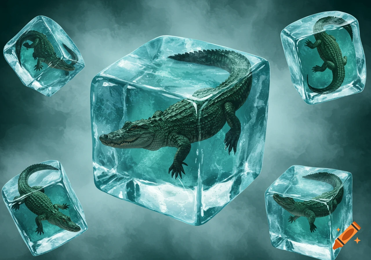 Green alligators encased in clear ice cubes float against a dark, abstract background, in an illustration style.