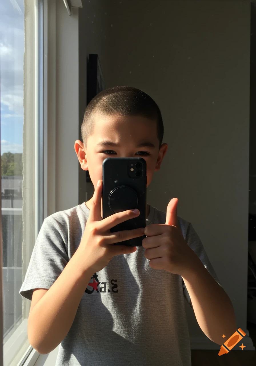 A boy with a buzz cut takes a mirror selfie, holding a phone to cover his face and giving a thumbs up, with sunlight streaming through a window.