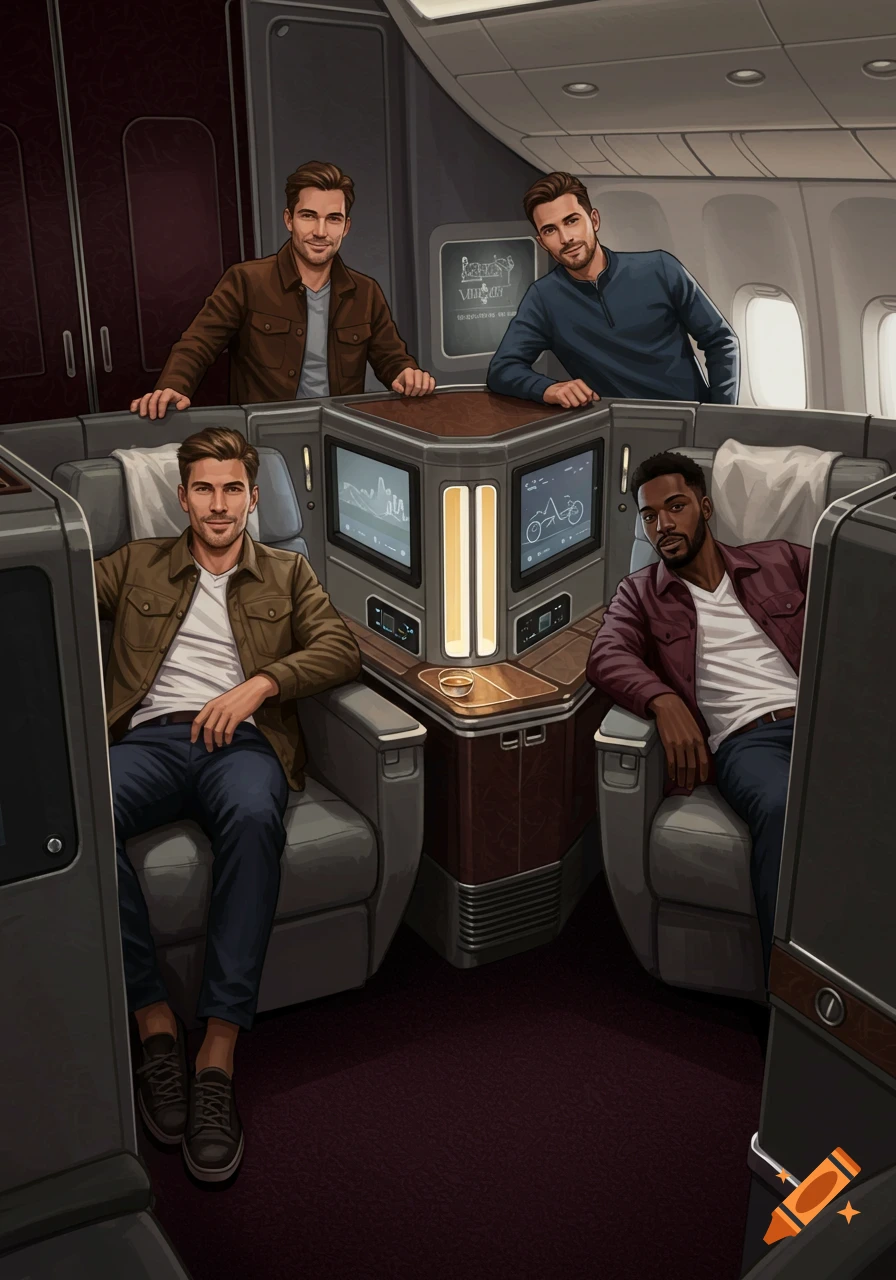 Four men relax in a luxurious first-class airplane cabin, depicted in a stylized illustration.
