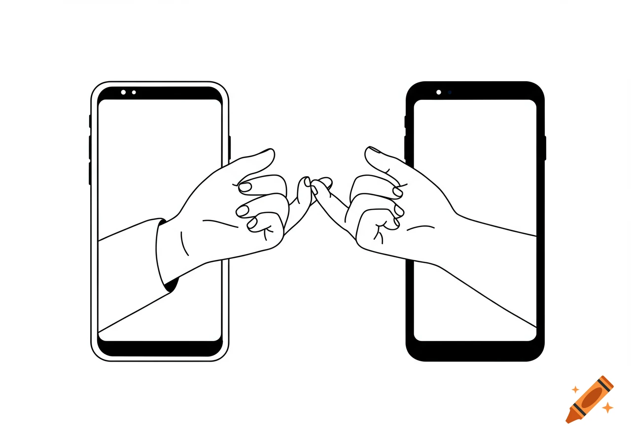 Two hands emerge from separate phone screens to perform a pinky swear in a black and white minimalist cartoon style.