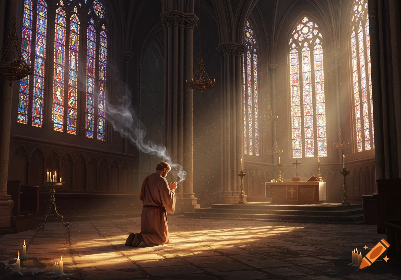 A man kneels praying in a grand, sunlit church with vibrant stained glass windows and rising incense smoke, photorealistic style.