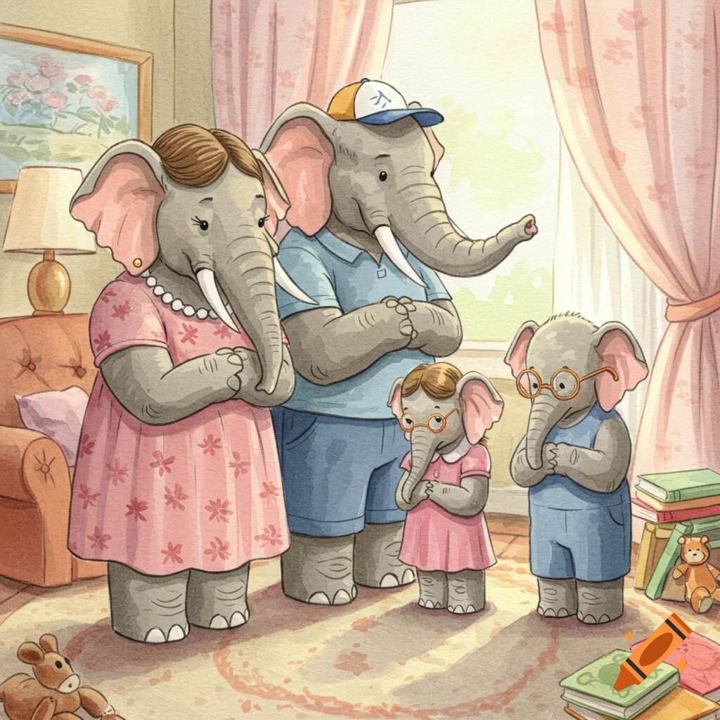 A watercolor illustration of an elephant family, including parents and two young elephants, praying in their living room.