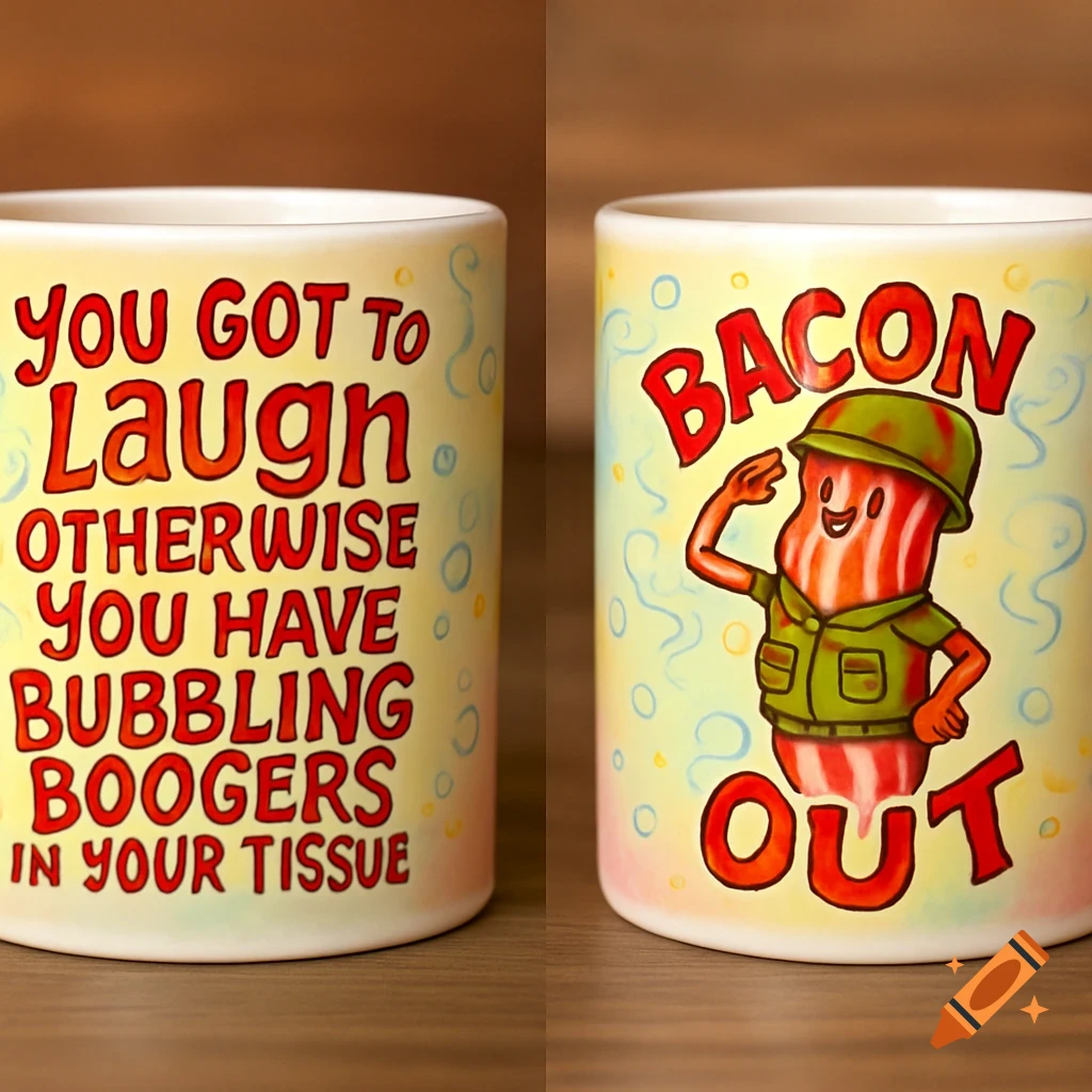 Two sides of a mug: one with the quote 'YOU GOT TO Laugh OTHERWISE YOU HAVE BUBBLING BOOGERS IN YOUR TISSUE' and the other with a cartoon bacon character saluting and 'BACON OUT'.