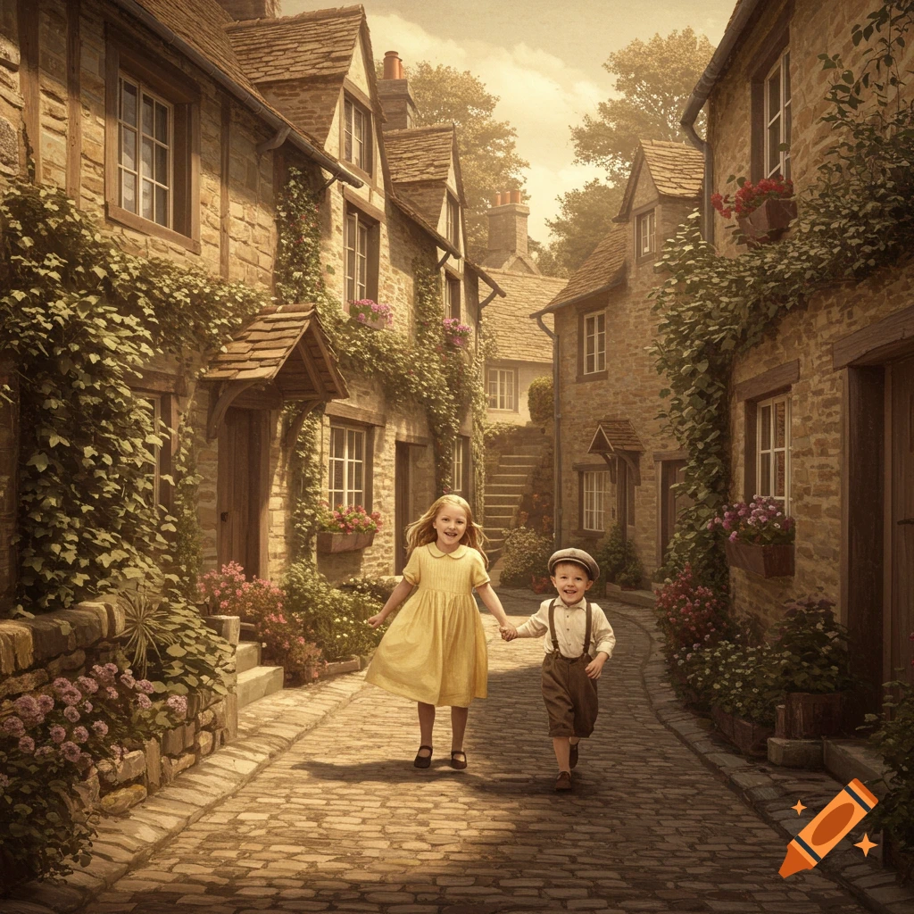A smiling little boy and girl hold hands, walking down a charming, sunlit cobblestone street lined with ivy-covered stone houses in an old village.