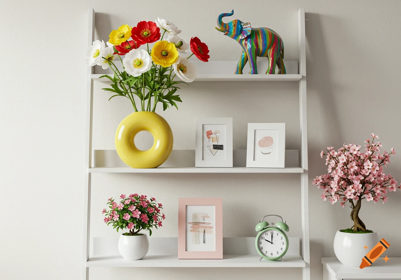 A modern white ladder shelf decorated with a yellow donut vase with poppies, a colorful elephant statue, framed abstract art, small potted pink flowers, and a sage green alarm clock.