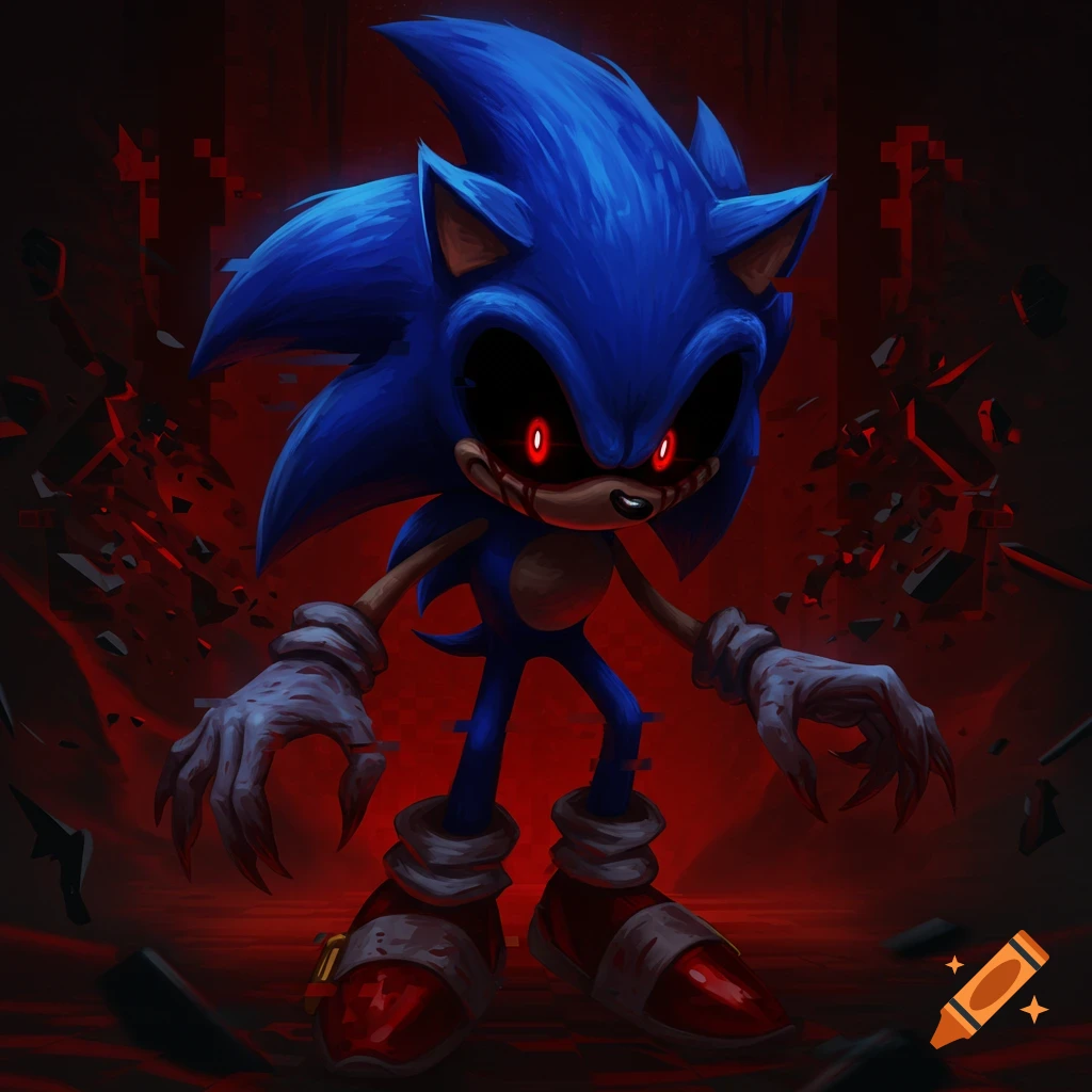A stylized illustration of Sonic.exe, a demonic blue hedgehog with glowing red eyes and blood under them, sharp teeth, and clawed hands, against a dark red, shattered background.