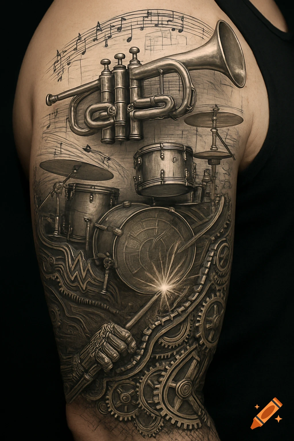 A detailed sleeve tattoo on an arm featuring a trumpet, drum set, musical notes, and intricate steampunk gears.