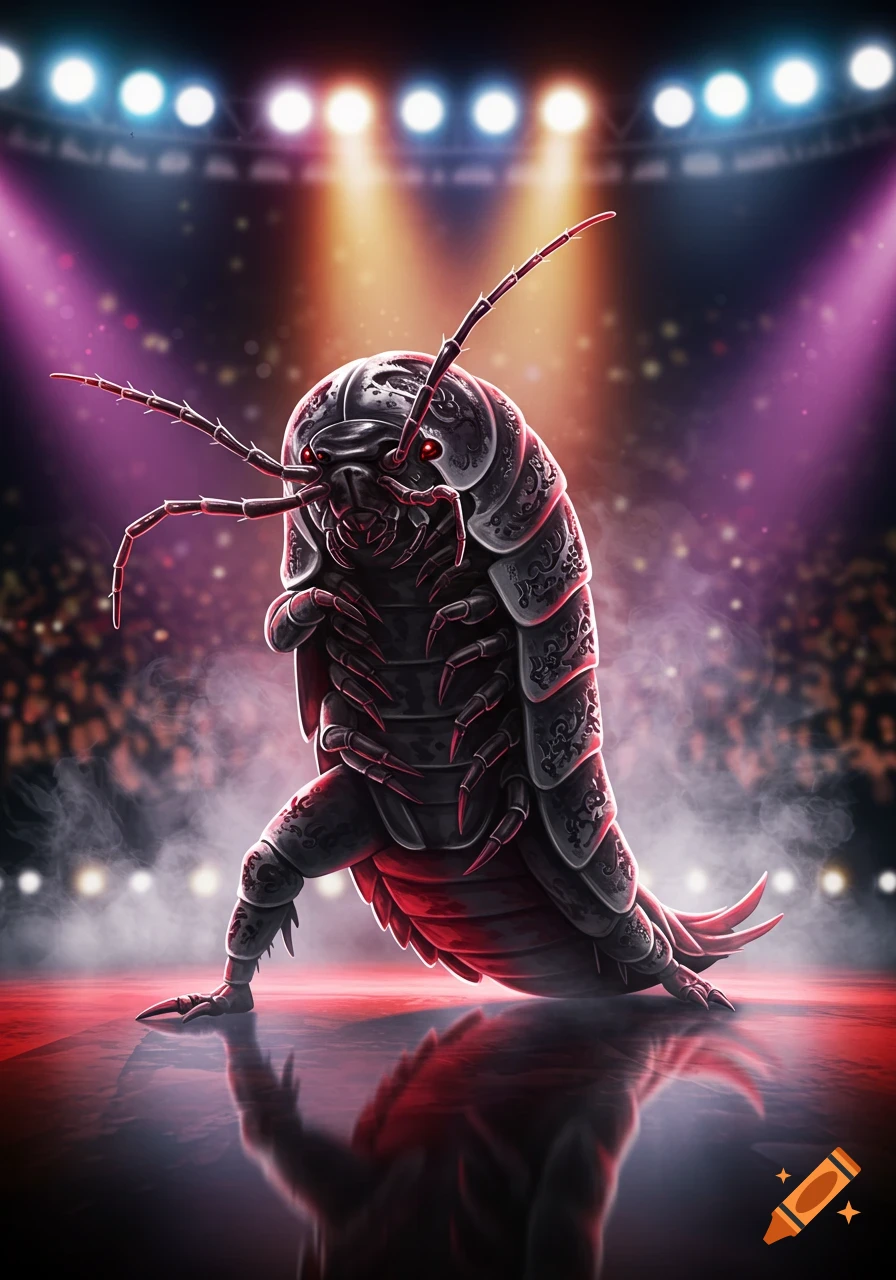 A dark, stylized emo isopod with red eyes standing upright on a stage under colorful spotlights, performing a karate pose.