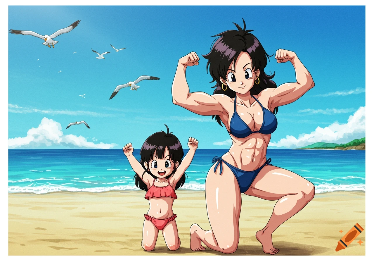 Anime scene of Videl and Pan from Dragon Ball GT flexing their muscles on a sunny beach with seagulls flying overhead.