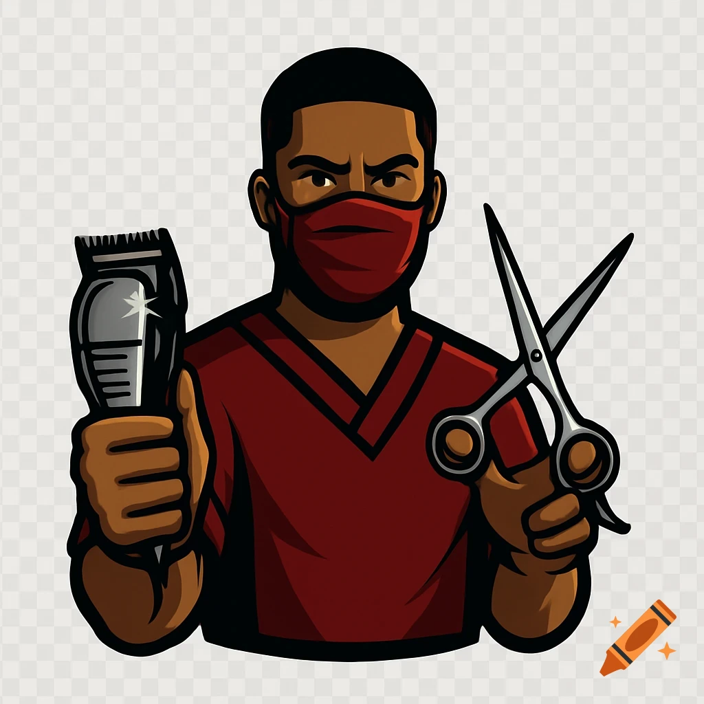 Animated logo of a Black barber wearing a red mask and uniform, holding hair clippers and scissors.