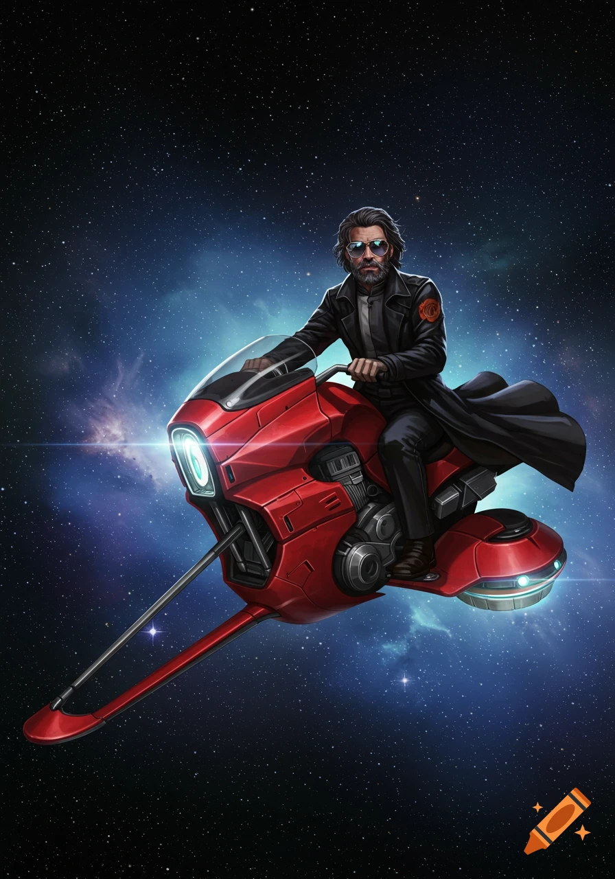 A bearded man in a long coat and sunglasses rides a red hoverbike through a starry, nebulae-filled space.