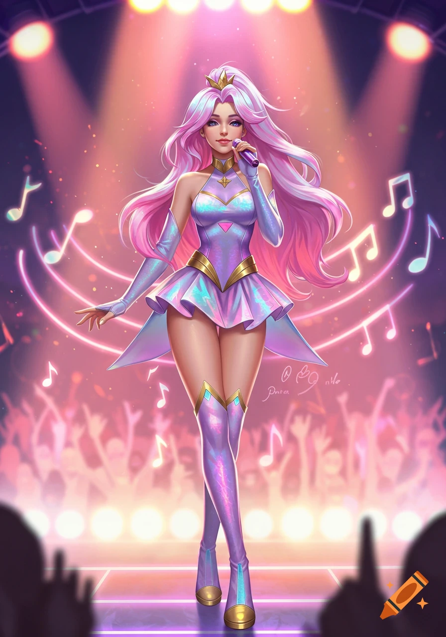 A vibrant anime-style illustration of Seraphine from League of Legends singing on a stage under spotlights, surrounded by musical notes and a cheering crowd.